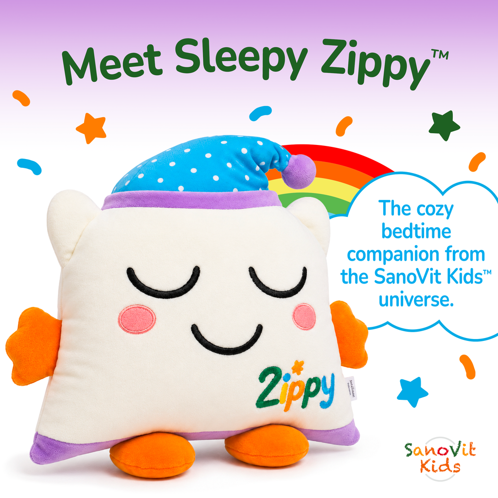 Plush toy with a smiling face, colorful hat, and rainbow on a purple background with text about SanoVit Kids.