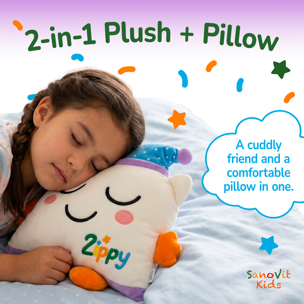 Child sleeping with a Zippy plush pillow on a bed, with colorful text and branding.