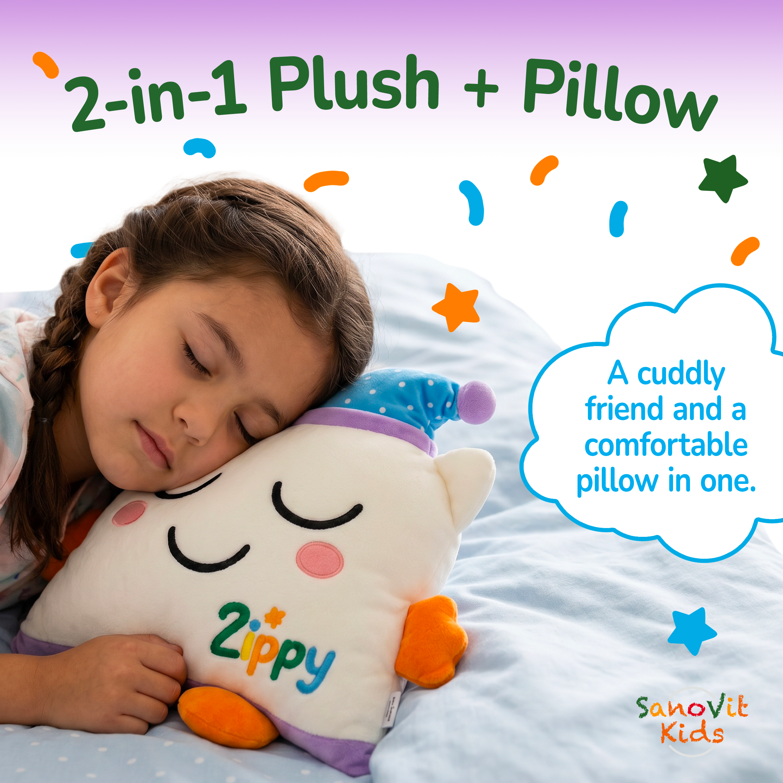 Child sleeping with a Zippy plush pillow on a bed, with colorful text and branding.