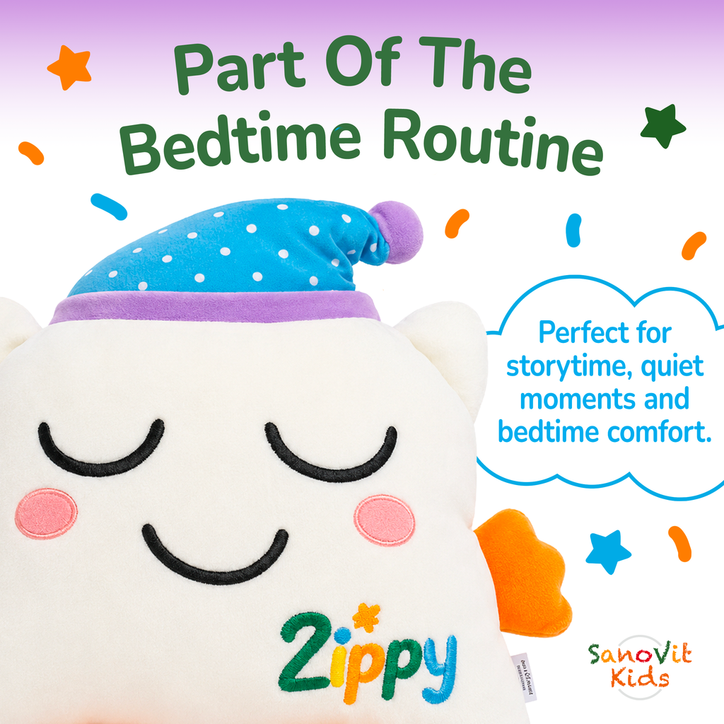 Zippy plush toy with a sleep hat, perfect for bedtime routine, on a colorful background.