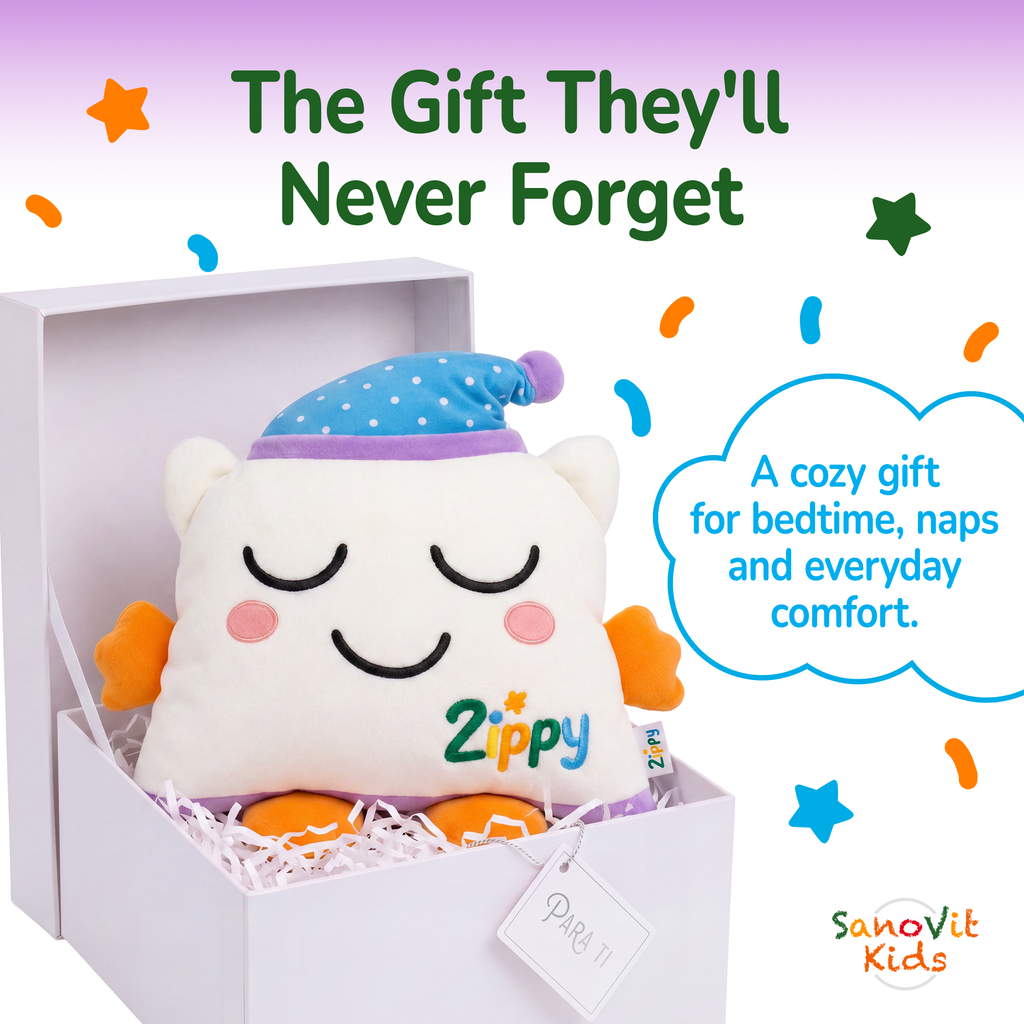 Plush toy with 'Zippy' branding in a gift box on a purple background with text 'The Gift They'll Never Forget'.