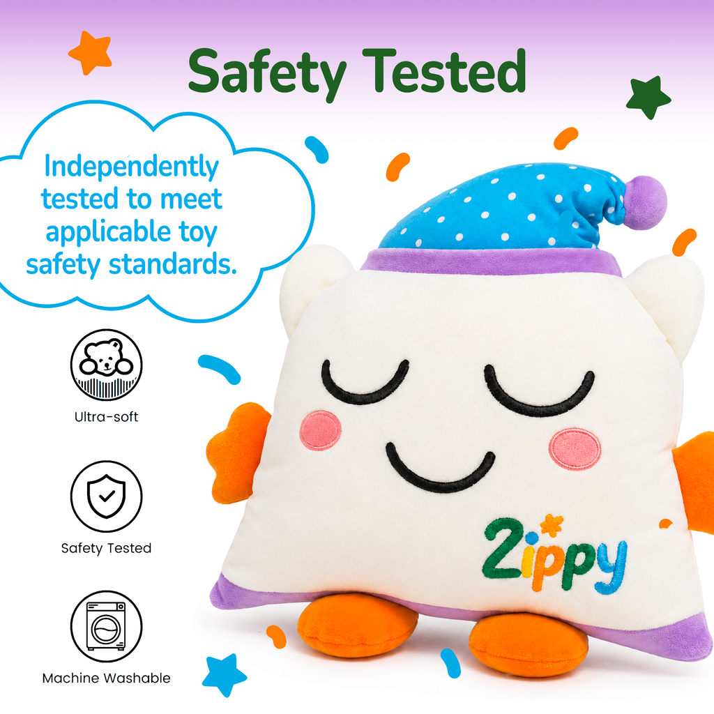 Plush toy with 'Zippy' branding on a white background, featuring safety testing information.