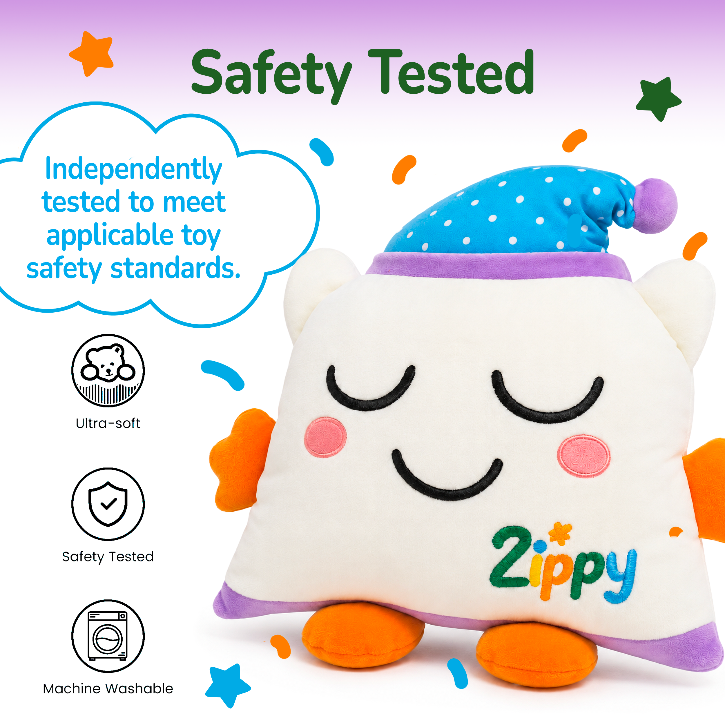 Plush toy with 'Zippy' branding on a white background, featuring safety testing information.