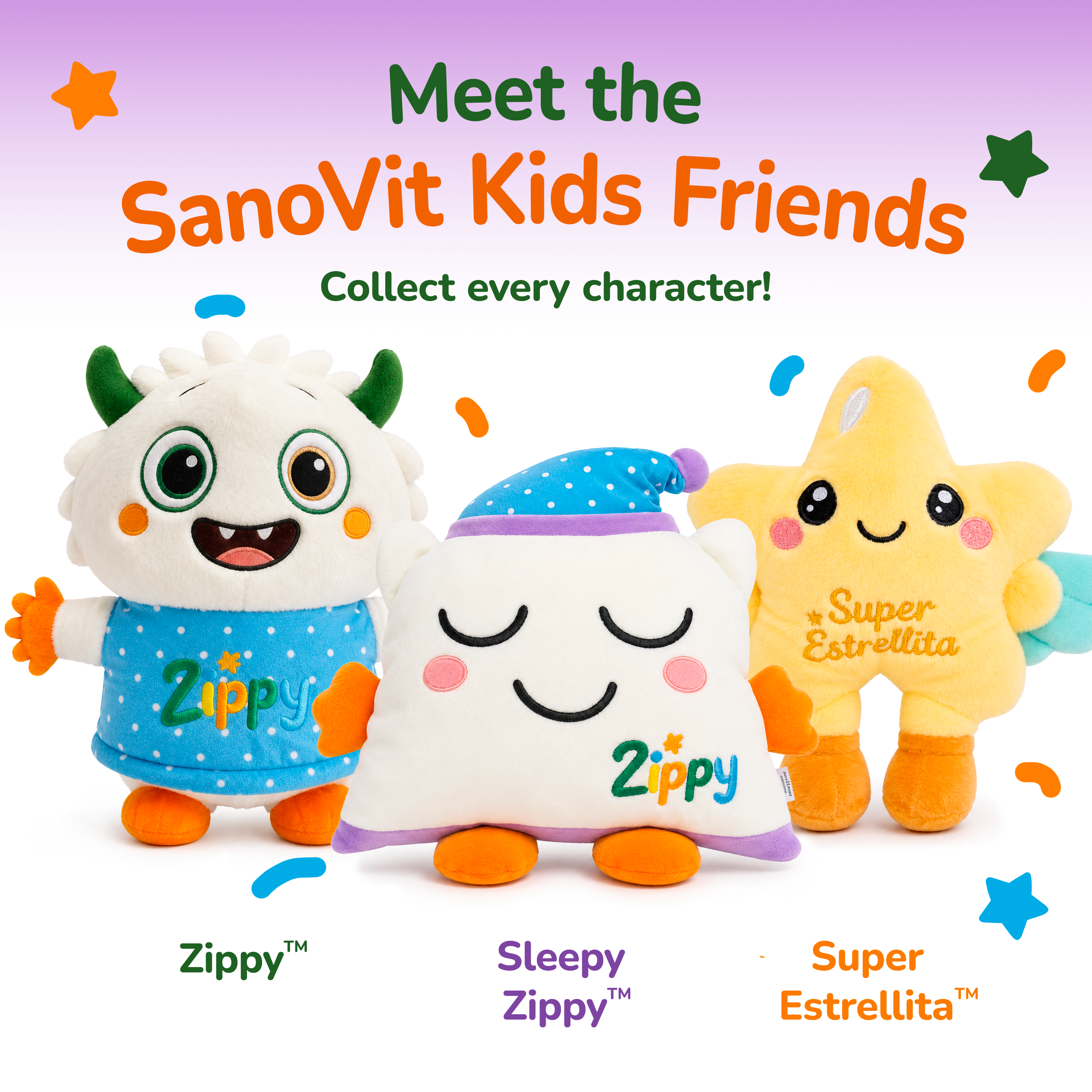Three colorful plush toys with text introducing SanoVit Kids Friends on a white background