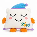 Plush toy with a smiling face, orange feet, and a blue and purple hat on a white background