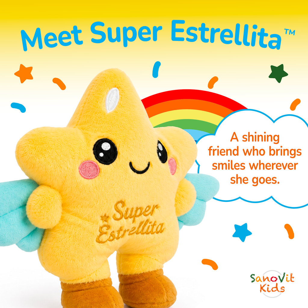 Plush toy star with 'Super Estrellita' branding on a colorful background