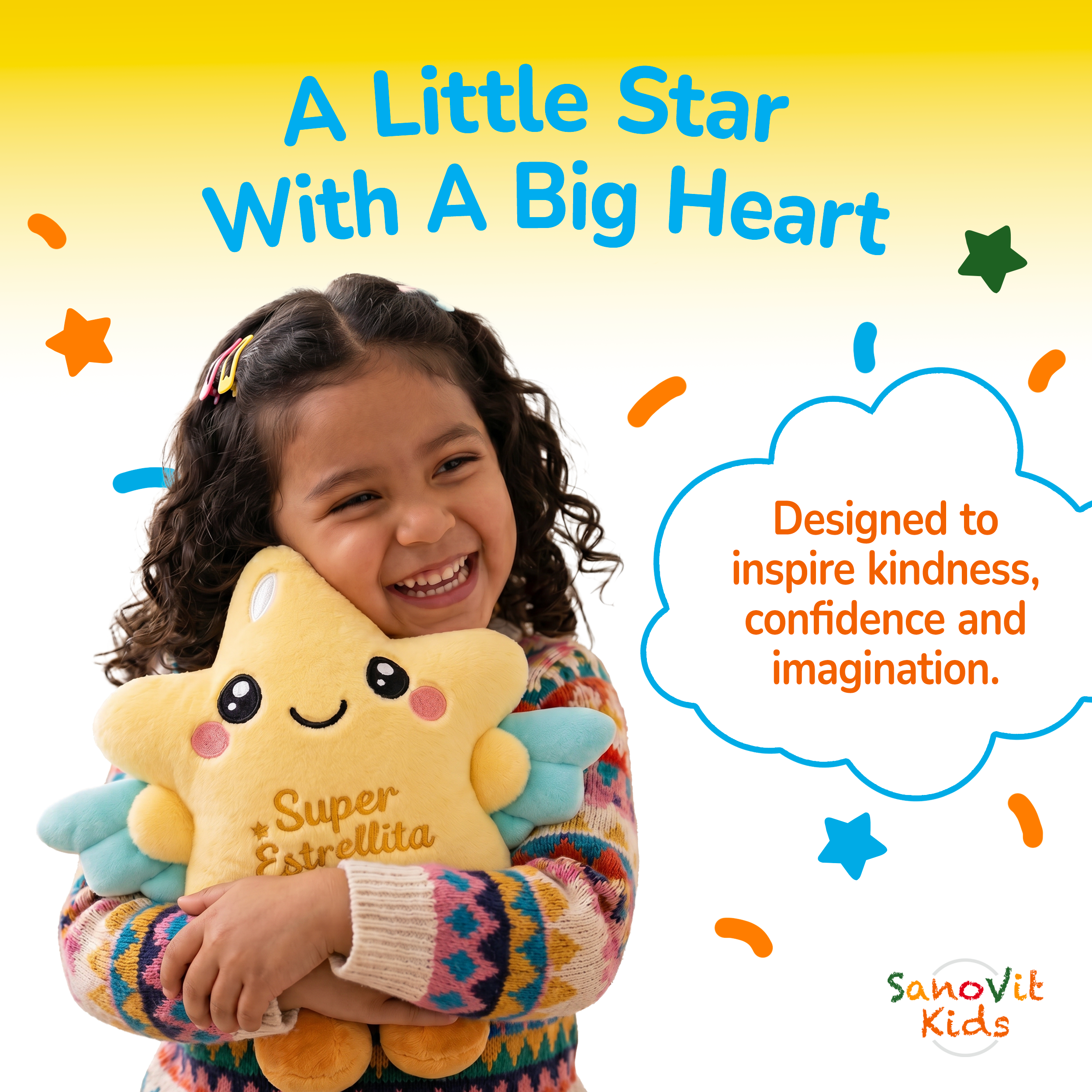 Child holding a star-shaped plush toy with colorful text and branding on a yellow background