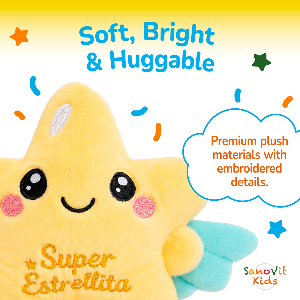 Plush star toy with text 'Super Estrellita' and 'Sanovit Kids' branding on a yellow background.