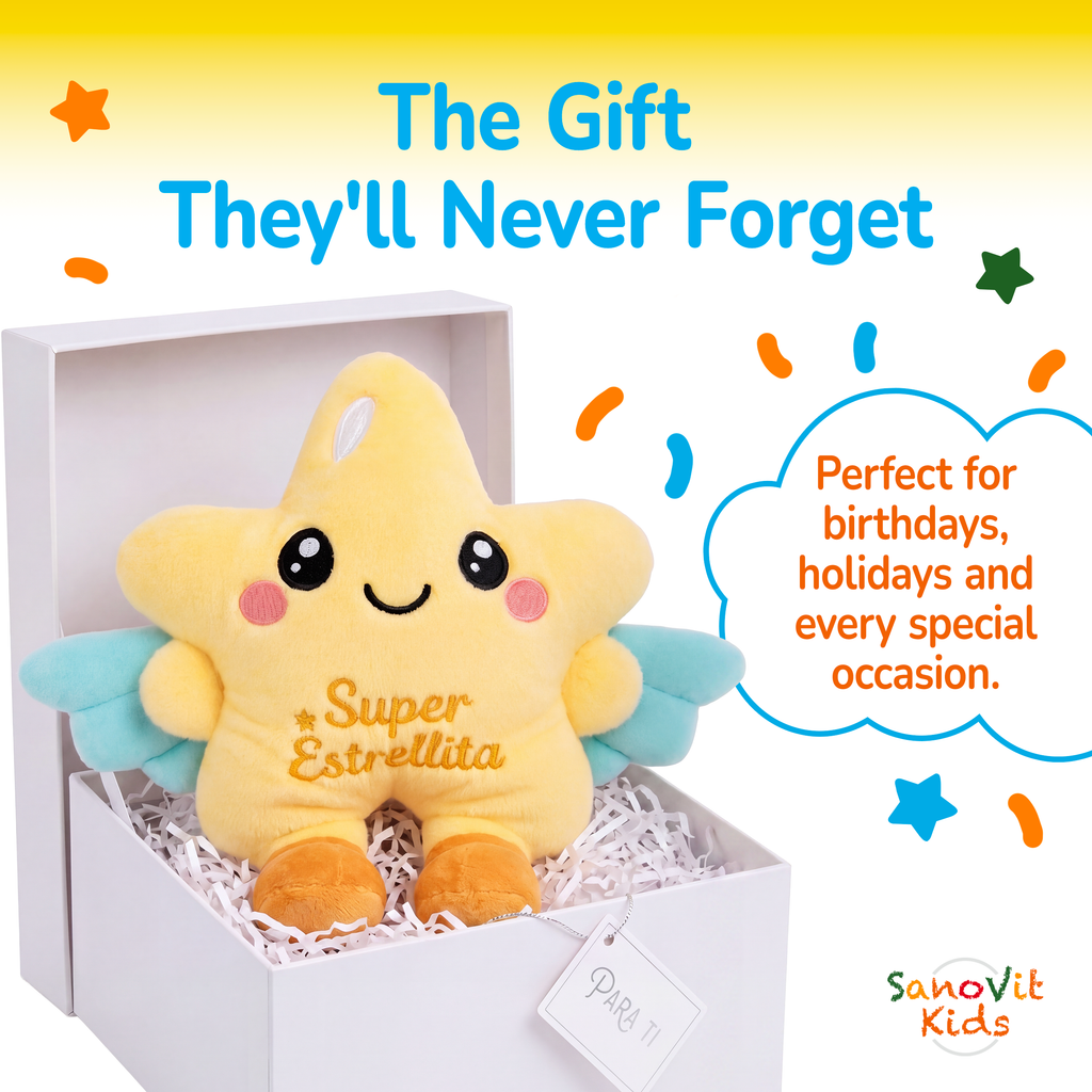 Star-shaped plush toy with wings in a box, labeled 'Super Estrellita', on a colorful background with text about special occasions.