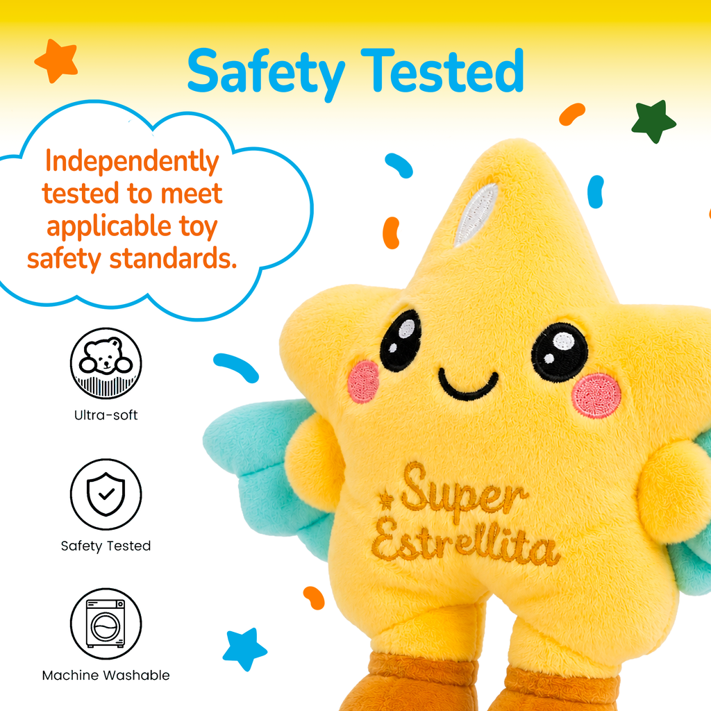 Yellow plush star toy with 'Super Estrellita' text, safety testing information, and icons on a yellow background.