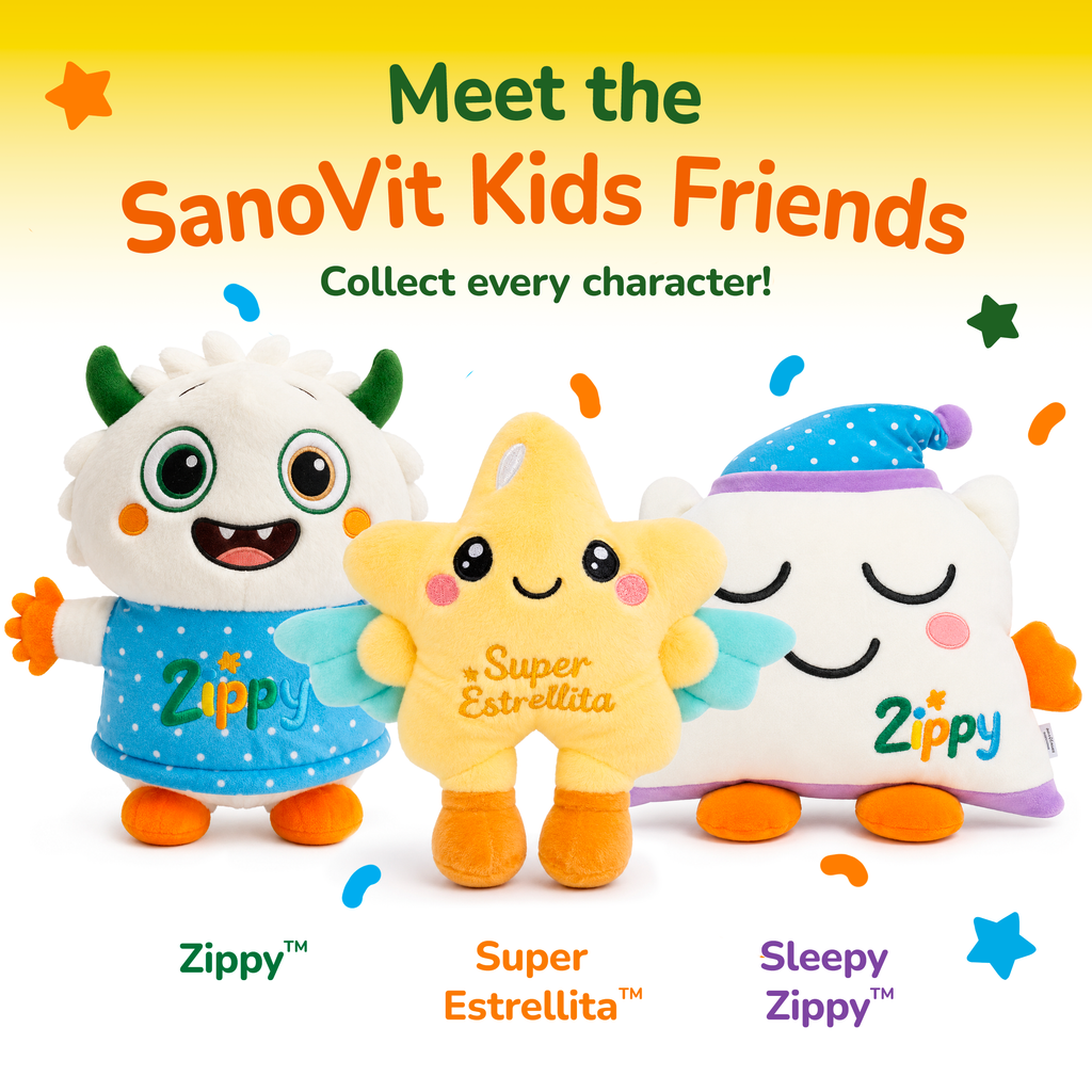 Three colorful plush toys named Zippy, Super Estrellita, and Sleepy Zippy with promotional text for SanoVit Kids Friends on a yellow background.