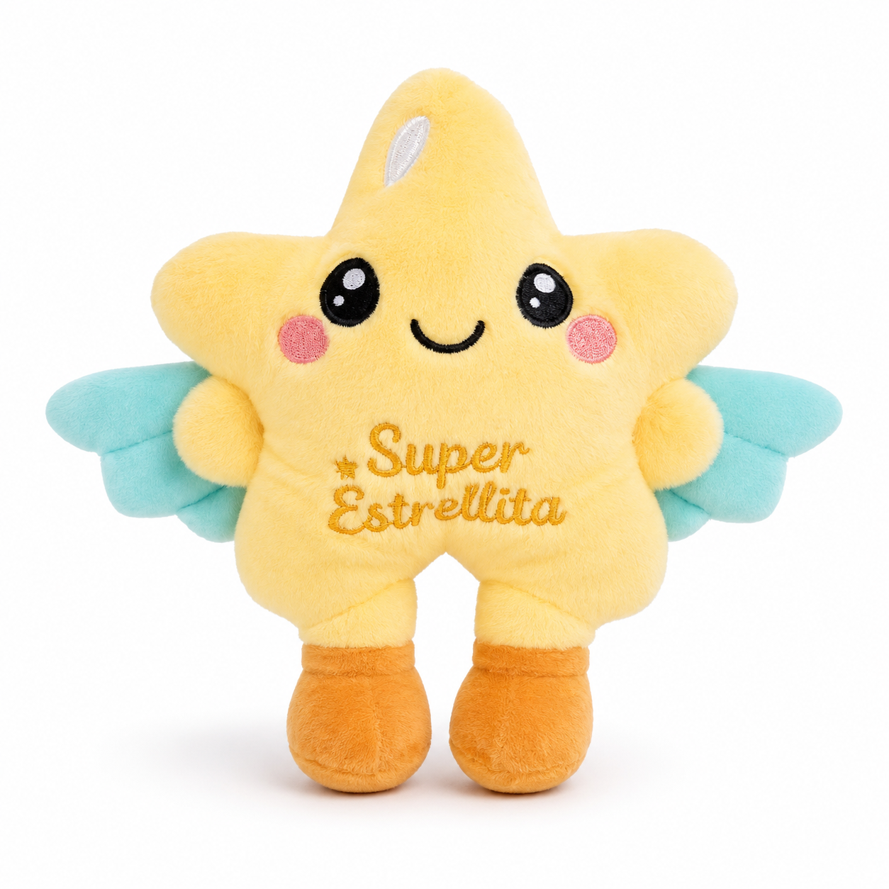 Plush star toy with wings and 'Super Estrellita' text on a white background