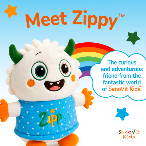 Plush toy named Zippy with a rainbow and stars on a blue background, featuring SanoVit Kids branding.