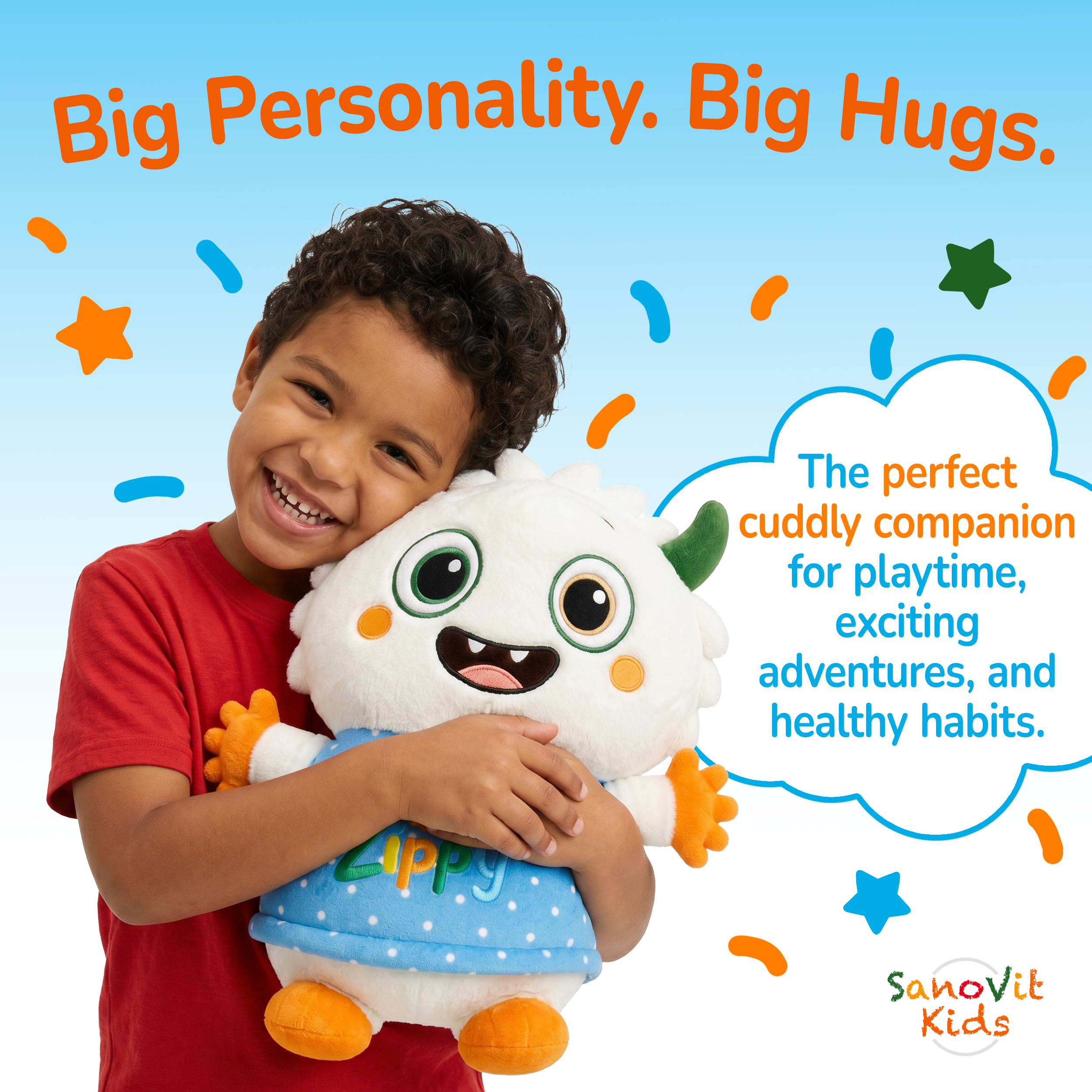 Child hugging a plush toy with colorful text about personality and hugging, featuring Sanovit Kids branding.