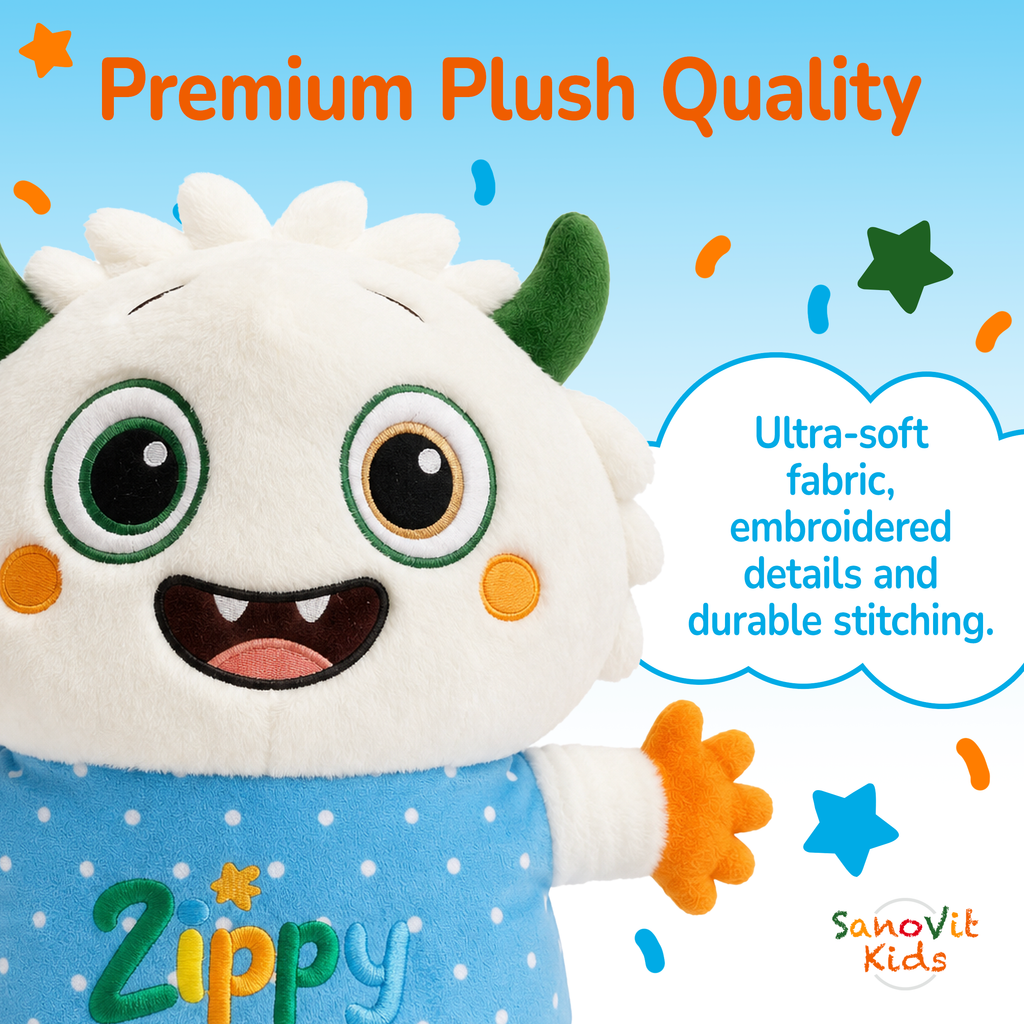 Plush toy with 'Zippy' branding on a blue background, featuring text about premium plush quality.