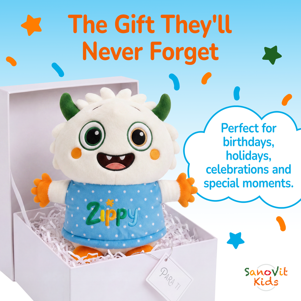 Plush toy with 'Zippy' on a white box against a blue background with promotional text.
