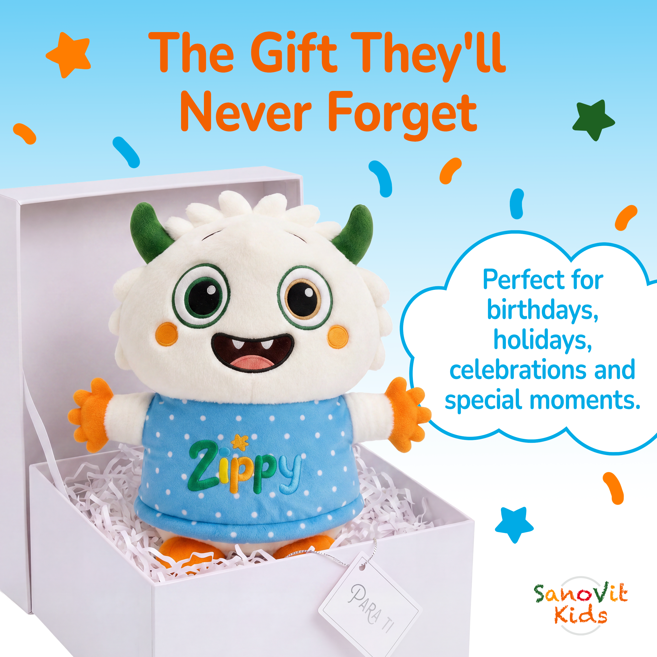 Plush toy with 'Zippy' on a white box against a blue background with promotional text.