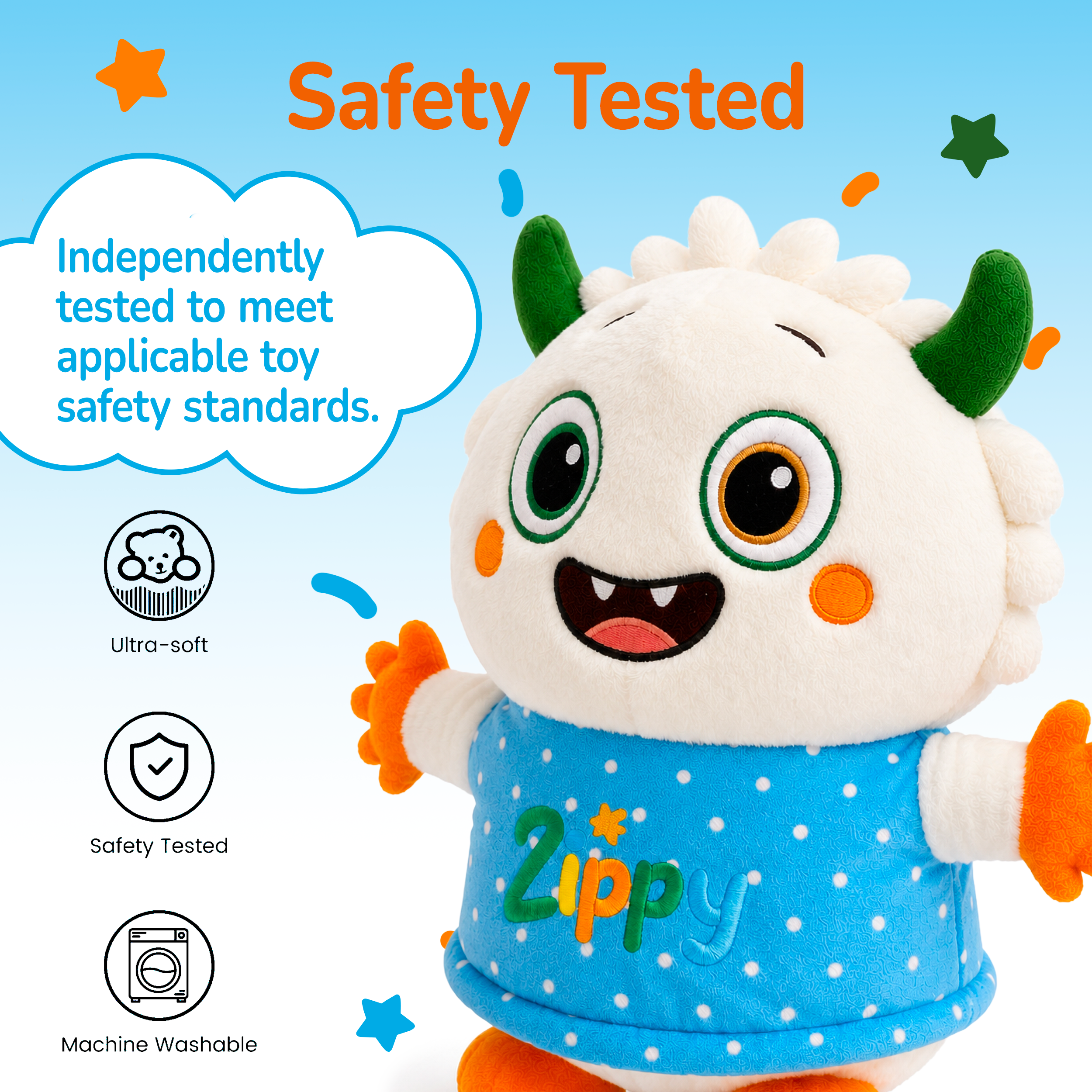 Plush toy with 'Zippy' on a blue background, featuring safety testing information.