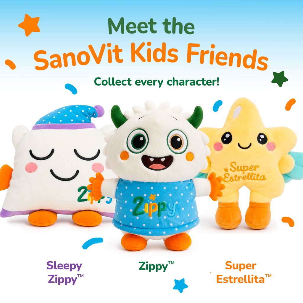 Three plush toys named Sleepy Zippy, Zippy, and Super Estrellita with colorful text and graphics on a blue background.