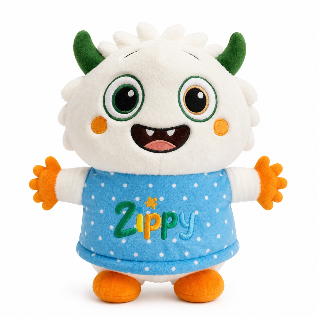 Plush toy with a blue outfit labeled 'Zippy' on a white background