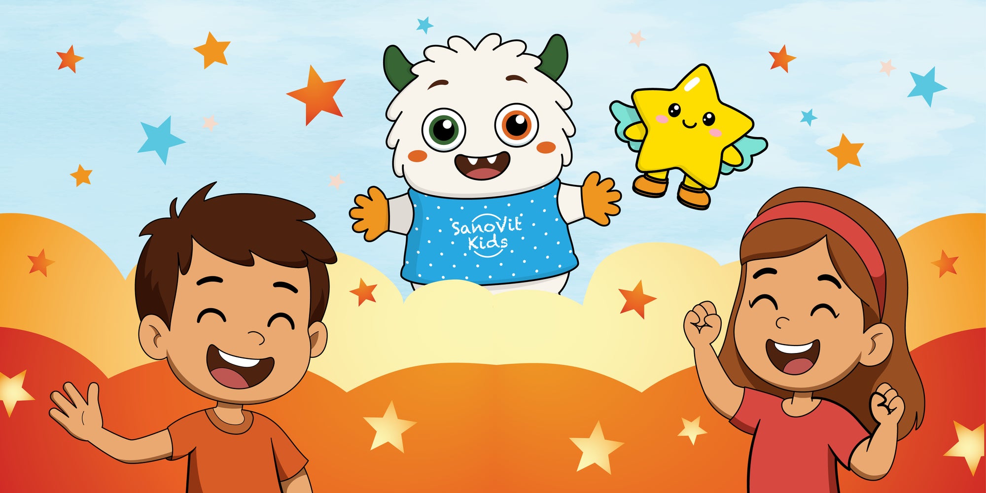 Two children and a cartoon character with stars in the background